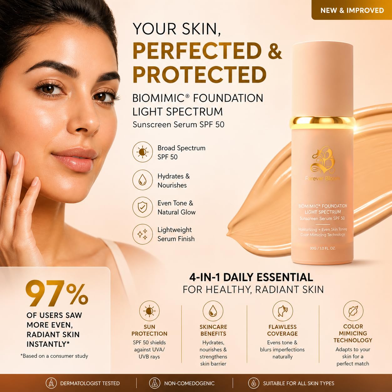 4 in 1 Foundation- Medium Spectrum with SPF 50+, Anti-Aging, Concealer, Sun Protection, Hydrating Color Changing