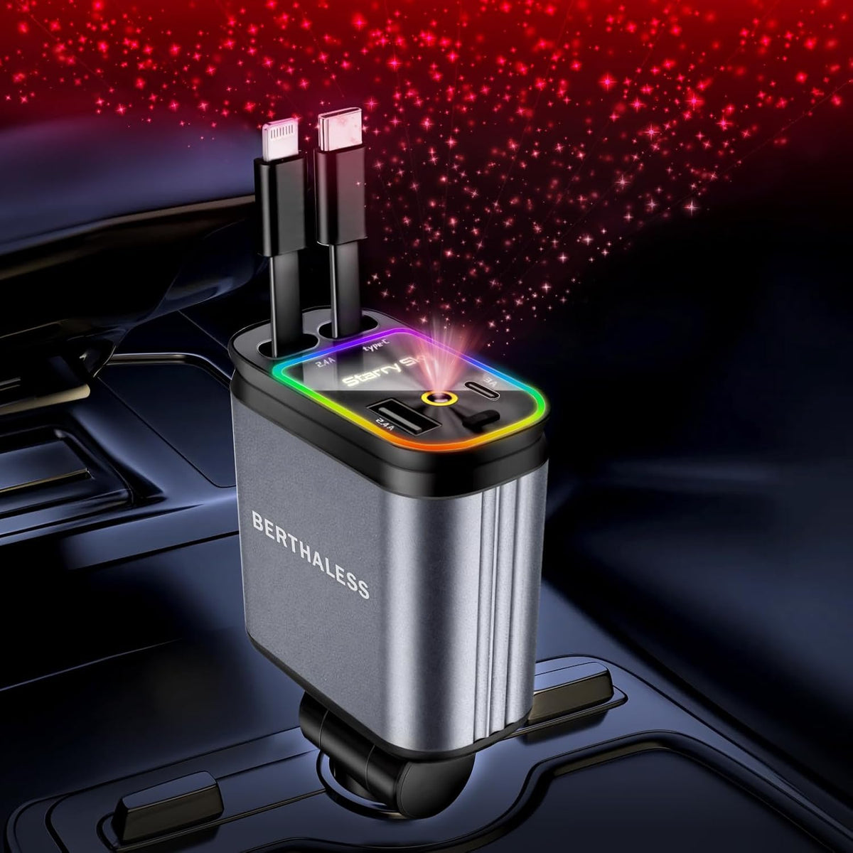 Retractable Car Charger, 4-in-1 Fast Charger with USB-C & USB-A | Red Starry Sky Light