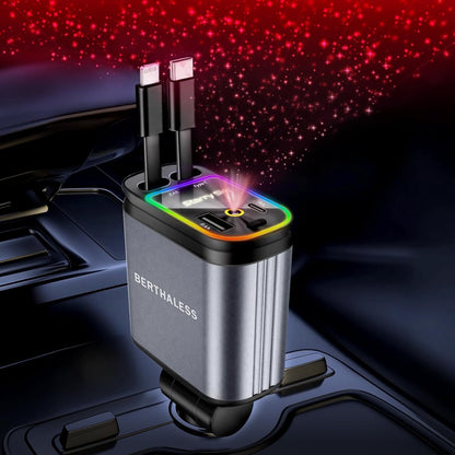 Retractable Car Charger, 4-in-1 Fast Charger with USB-C & USB-A | Red Starry Sky Light