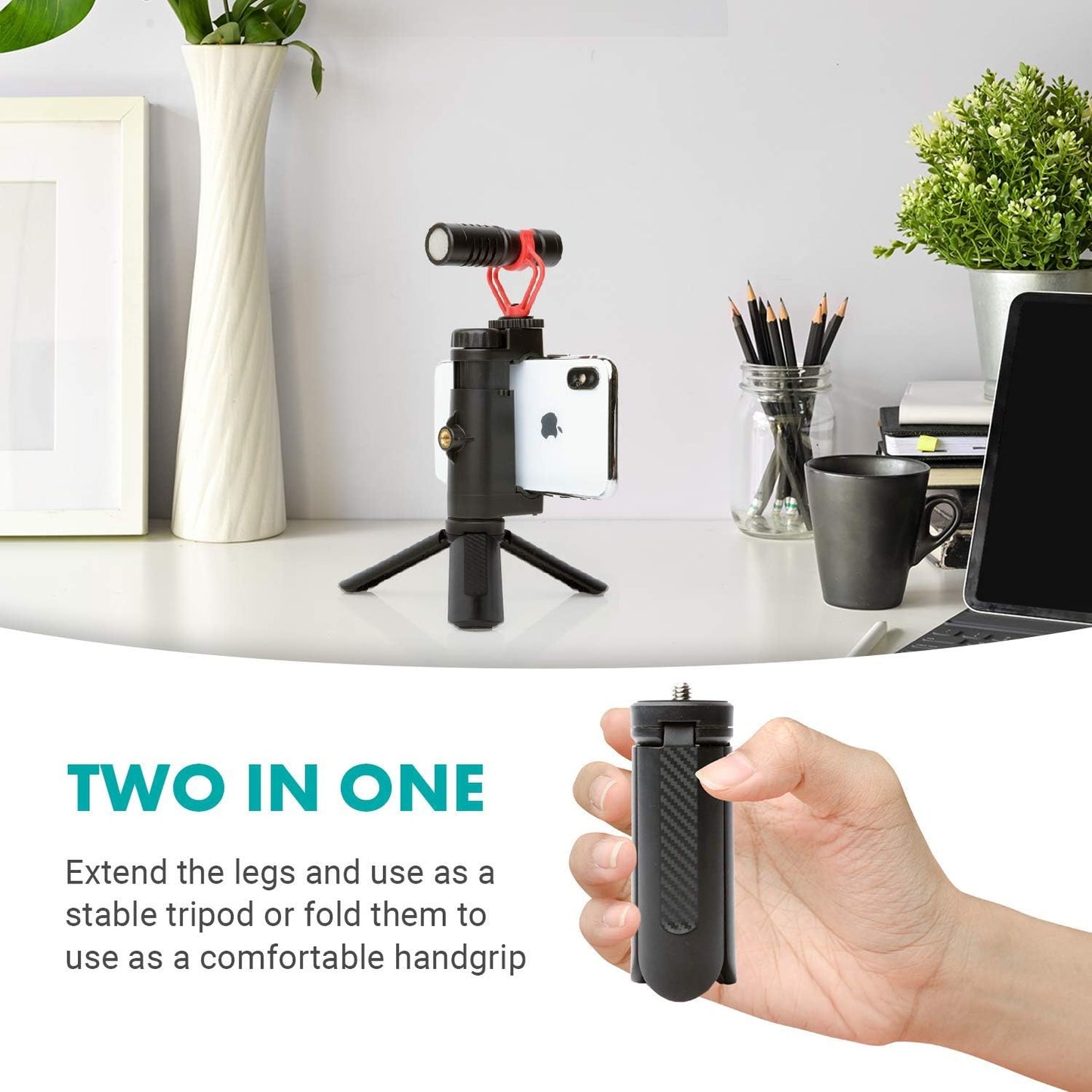 Compact Mini Tabletop Tripod/Hand Grip with 1/4" Screw and Folding Feet