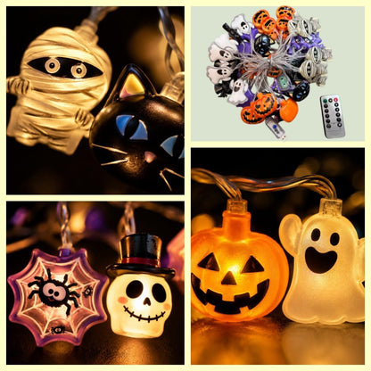 3M 20 LED Halloween String Lights with Remote, USB Powered Cute Pumpkin Ghost Mummy Black Cat Decorative Lights