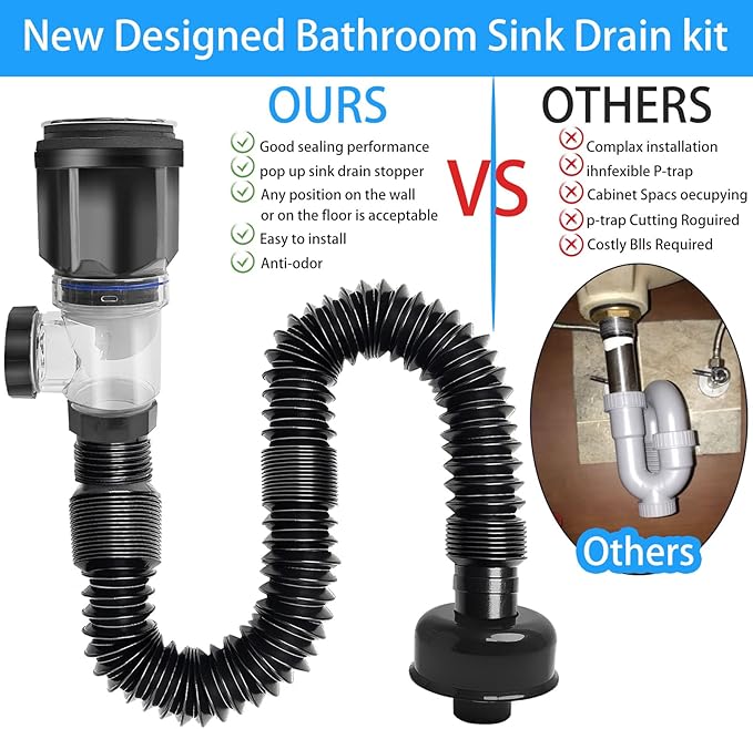 Sink Drain Pipe, Expandable Flexible Kitchen Sink Drain Pipe P Trap Kitchen Sink for Bathroom Kitchen 1‑1/4 in
