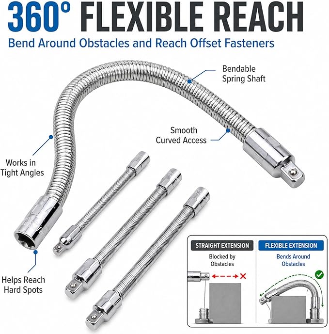 Flexible Socket Extension Bar Set, 360 Flex Rod for Impact 1/4 3/8 1/2 Inch Bendable Drive Extension Rods