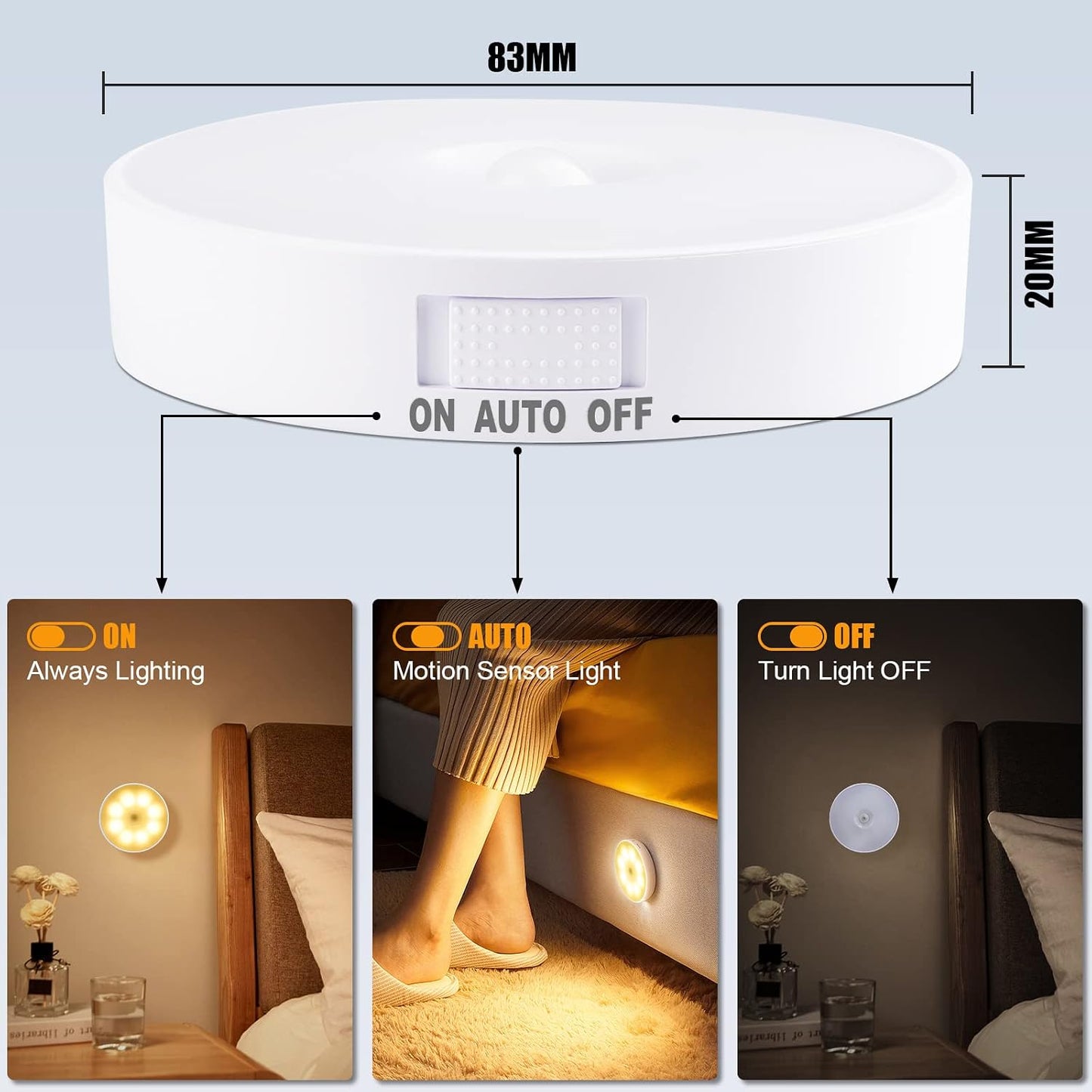 4Pcs Motion Sensor Light Indoor, Night Light(3000K ) | 8 LEDs, USB Rechargeable, 3 Light Modes, 400 mAh Battery