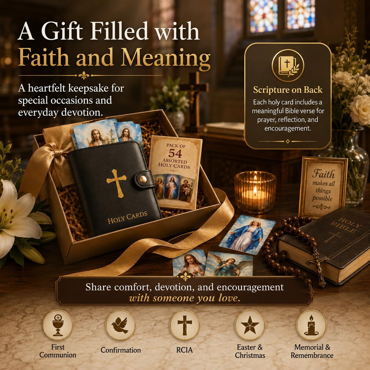Genuine Leather Holy Card Holder Book with 54 Assorted Catholic Prayer Cards