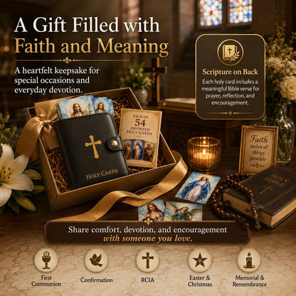 Genuine Leather Holy Card Holder Book with 54 Assorted Catholic Prayer Cards