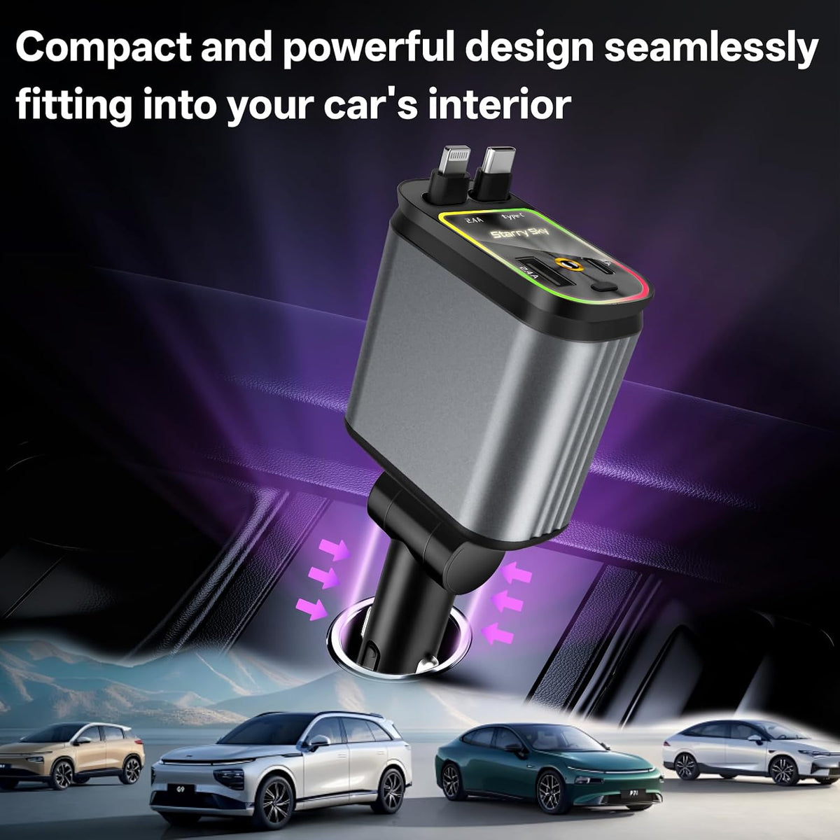 Retractable Car Charger, 4-in-1 Fast Charger with USB-C & USB-A | Red Starry Sky Light