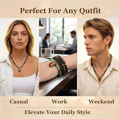 Money Necklace Jewelry for Women Men, Wealth Tiger Eye Obsidian Beaded Good Luck Natural Stone