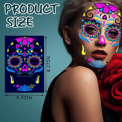 4pcs/set Halloween Glow Tattoos - UV Reactive Sugar Skull Face Decals