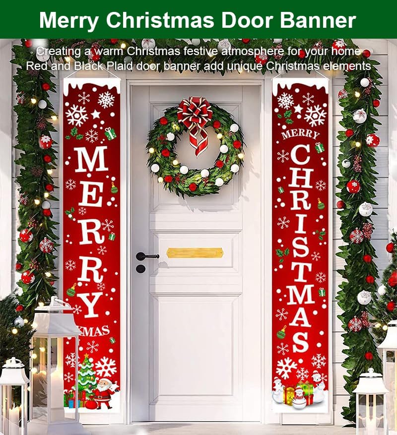 1 Set Christmas Porch Banner Set 78×12 Inch Santa and Snowman Door Banner Xmas