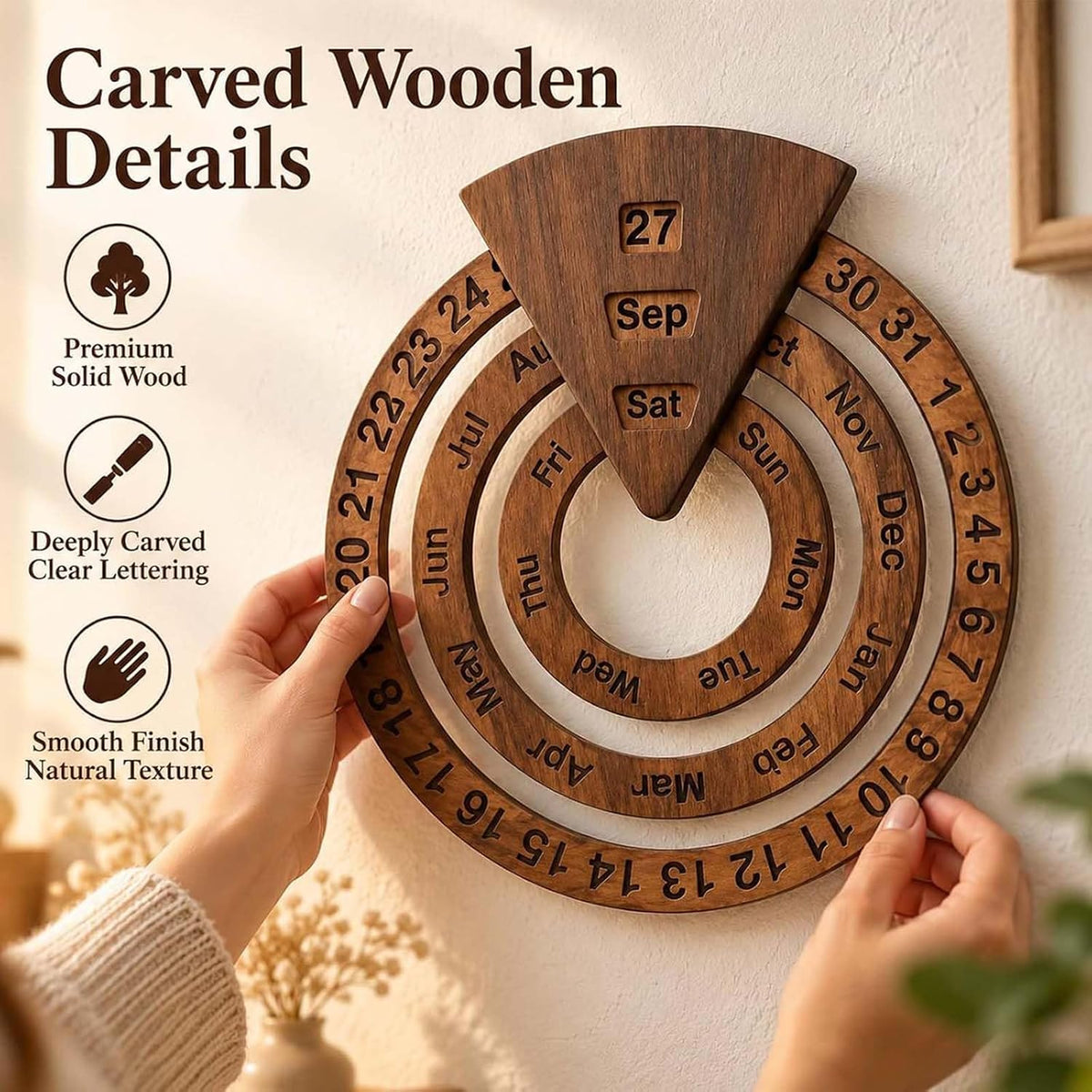 Wooden Perpetual Calendar – Rotating Wall Calendar, Manual Rotating Ring Date Month Day Tracker