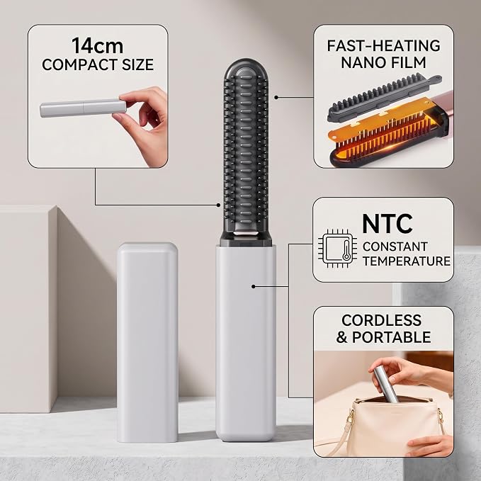 Mini Heated Styling Comb, USB-Powered Bang Curler, Heats up in 15 Seconds