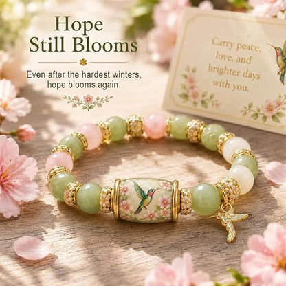 Limited Edition Hummingbird Floral Stone Bracelet, Mixed Rose Quartz & Green Aventurine Beads With 3D Hummingbird Charm