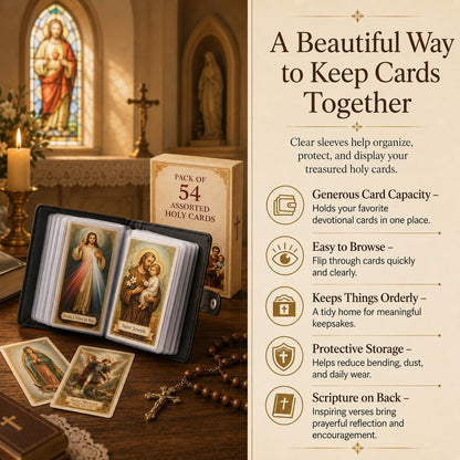 Genuine Leather Holy Card Holder Book with 54 Assorted Catholic Prayer Cards