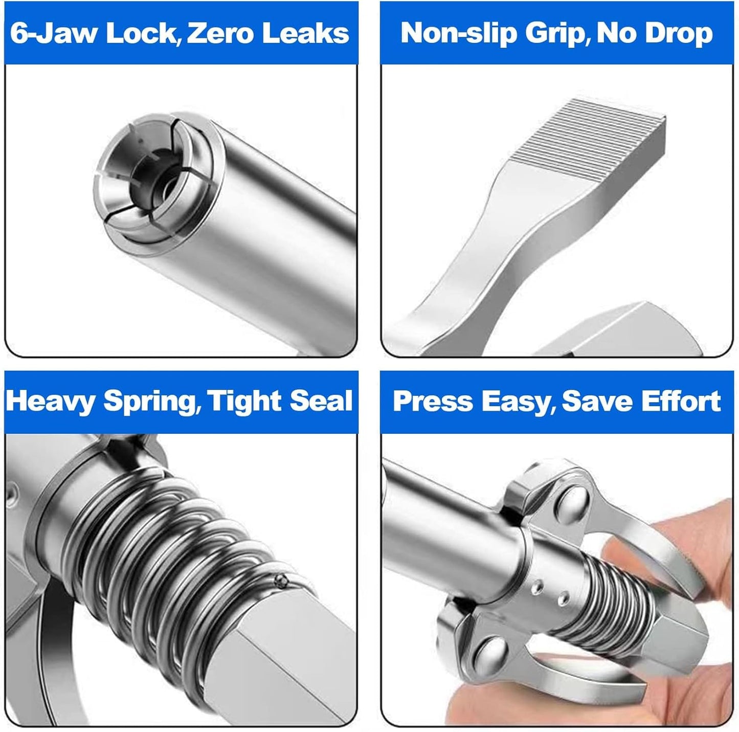 Quick Lock Double Handles Grease Gun Tip with 6 Thickened Claws, Compatible with All Grease Guns
