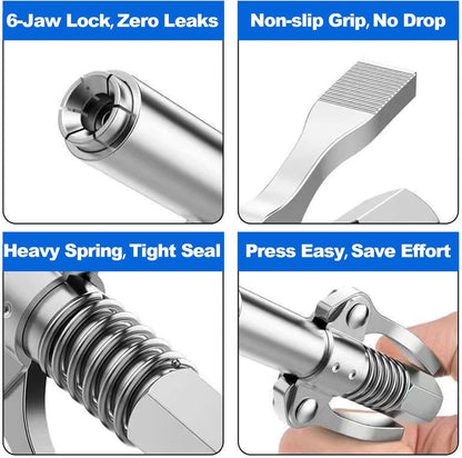 Quick Lock Double Handles Grease Gun Tip with 6 Thickened Claws, Compatible with All Grease Guns