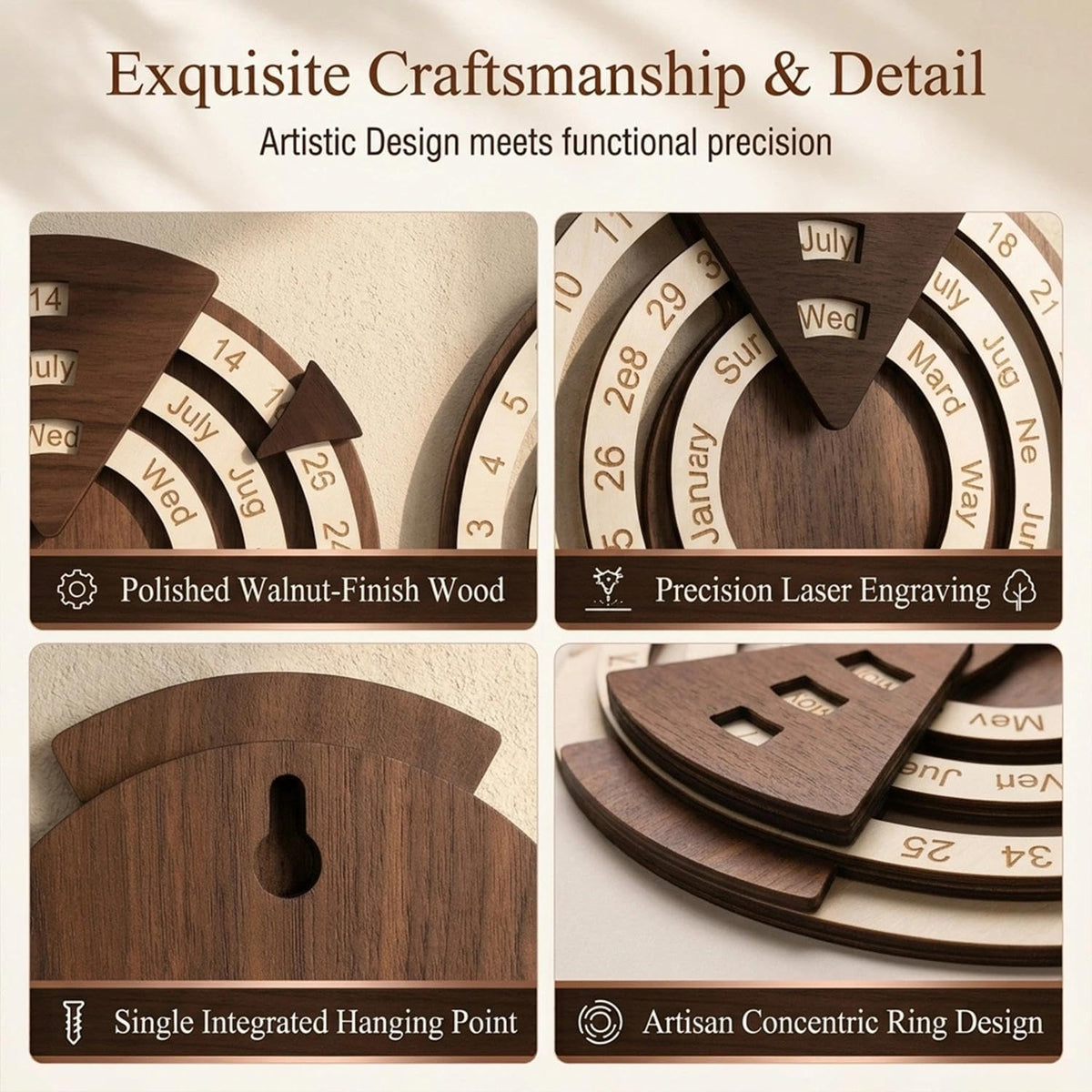 Wooden Perpetual Calendar – Rotating Wall Calendar, Manual Rotating Ring Date Month Day Tracker