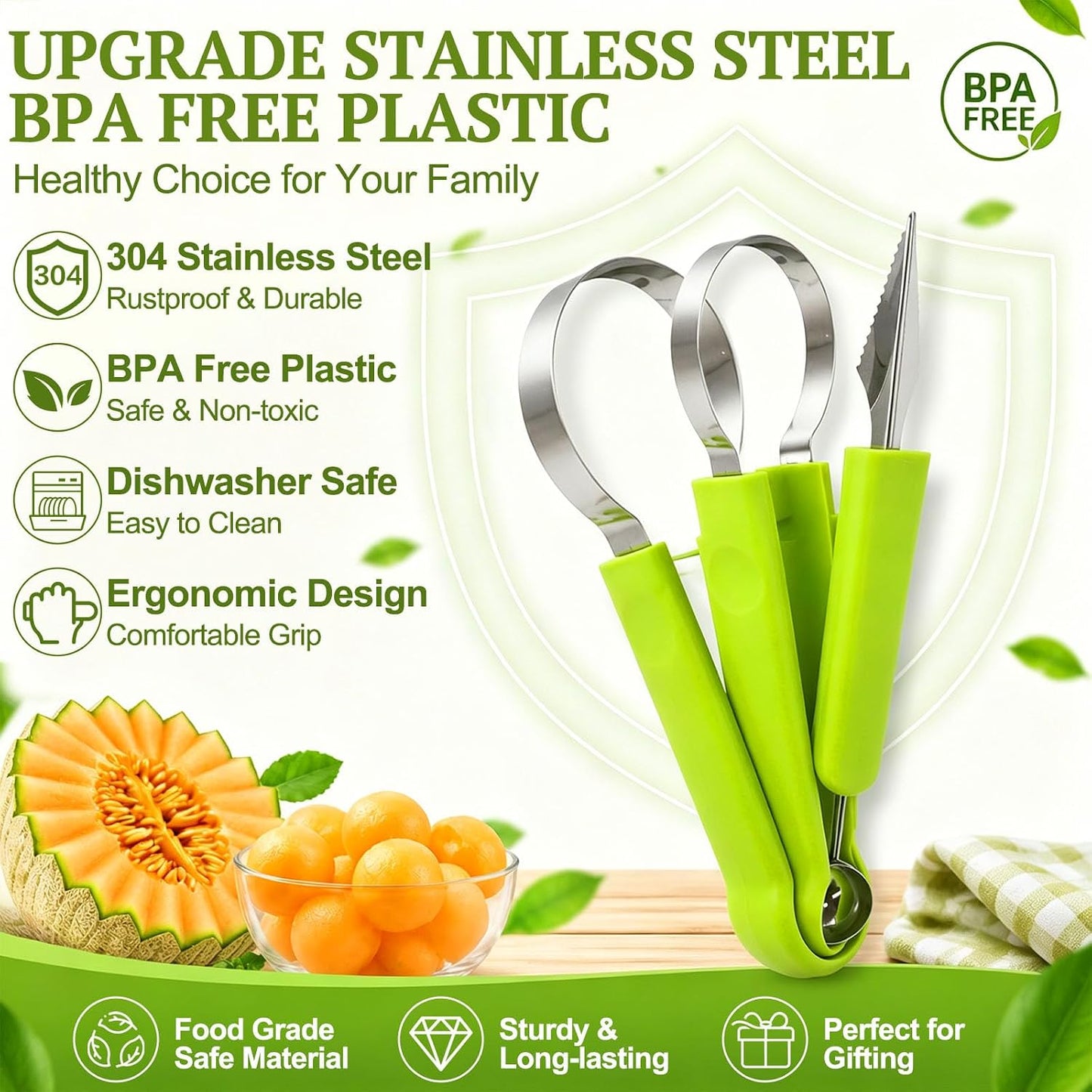4 in 1 Melon Baller Scoop Set, Stainless Steel, Fruit Cutters Shapes