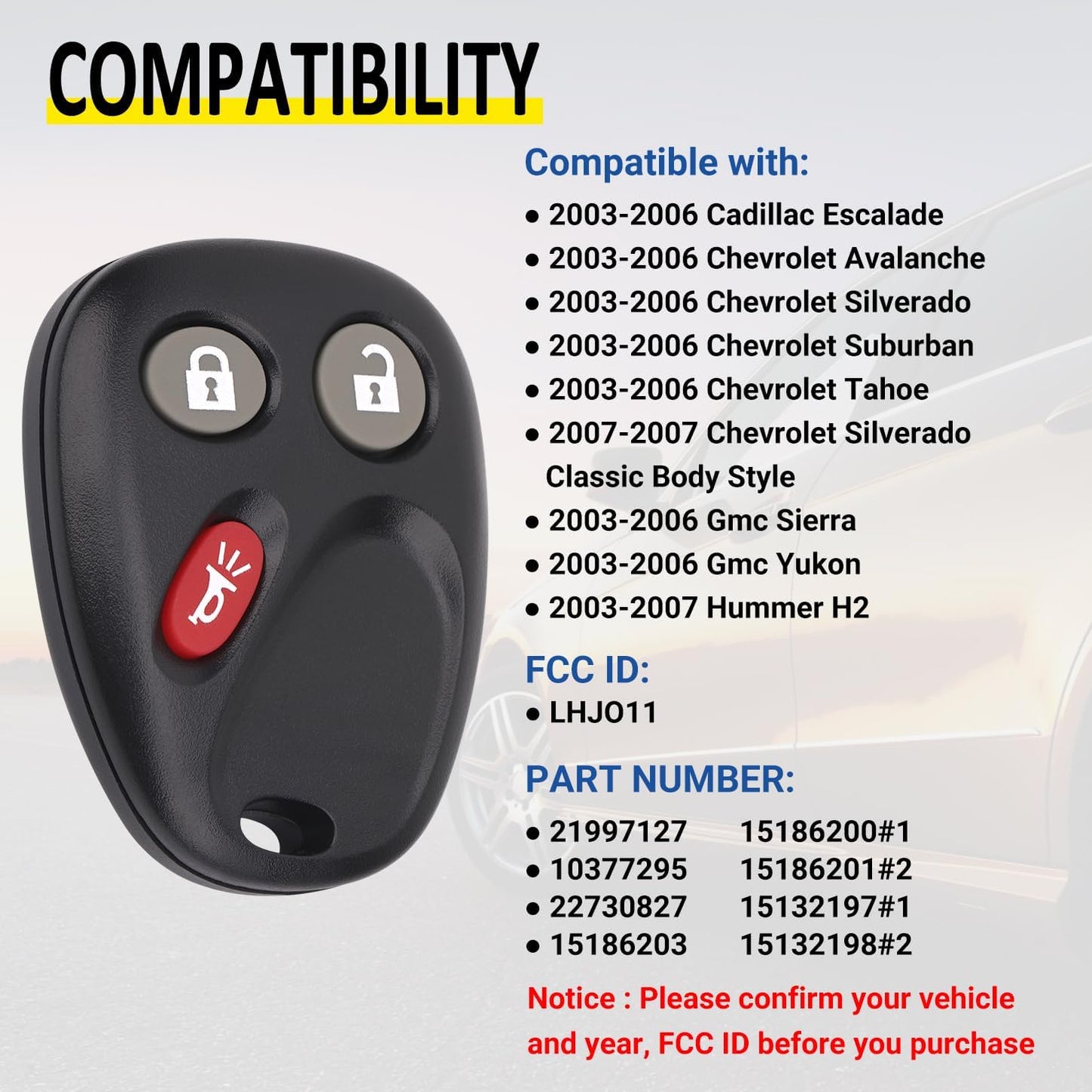 Chevrolet Cadillac 3-Button Remote Car Key, 315 Frequency LHJ011