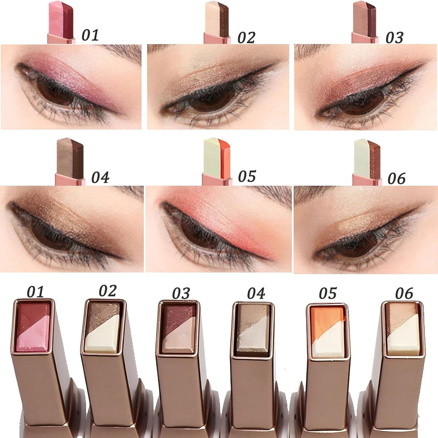 6 Pcs Shimmery Eyeshadow Stick Two Color Eye Glitter Shadow Pencils with Waterproof and Retractable