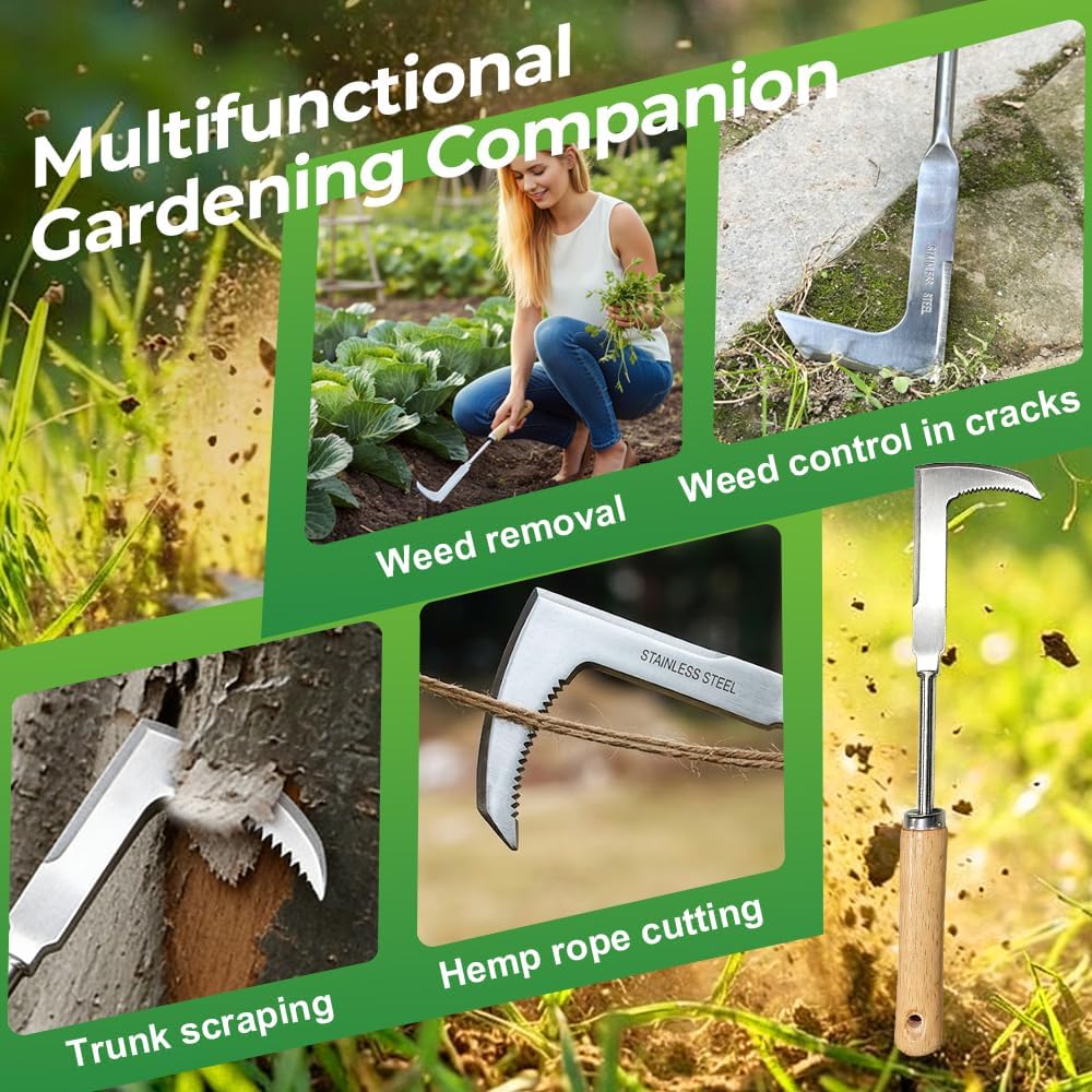 Crack Weeder, Stainless Steel L-Shaped Crevice Weeder Tool with Wood Handle