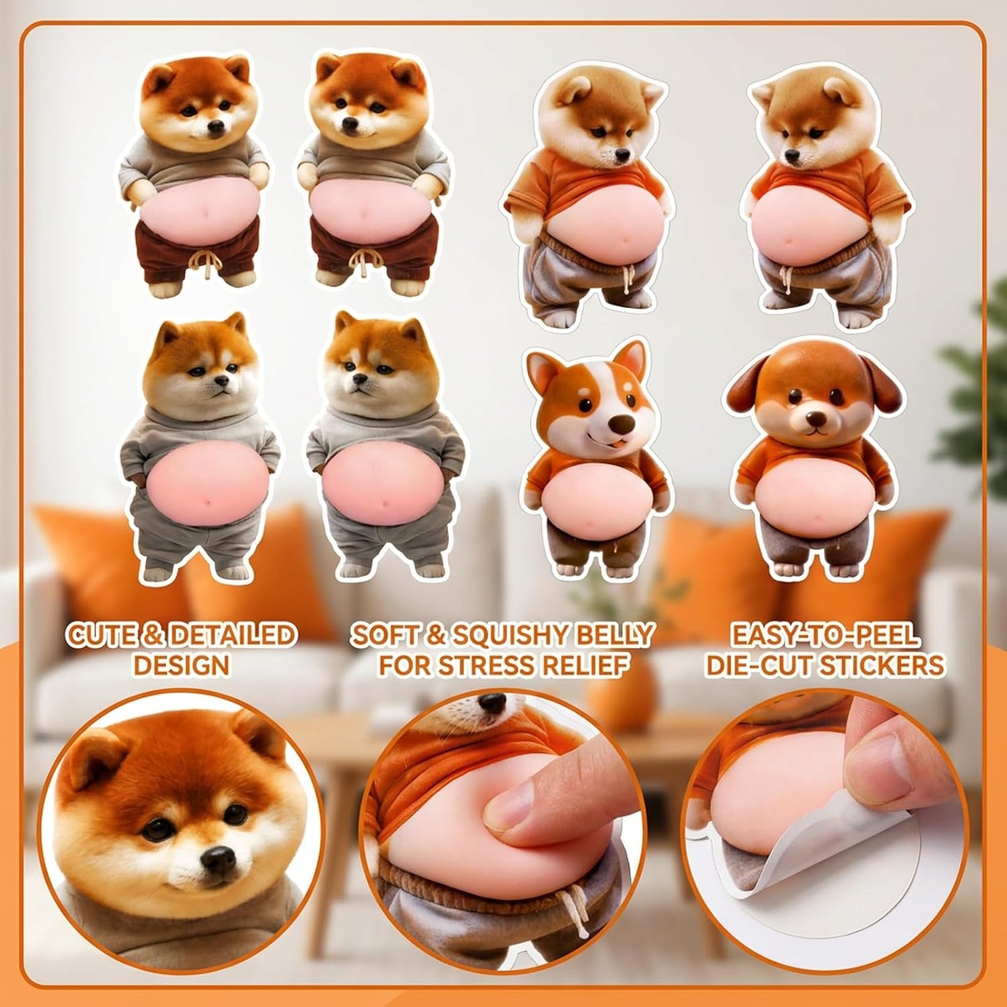 8PCS 3D Shiba Inu Dog Belly Sticker,Door Stopper Wall Protector