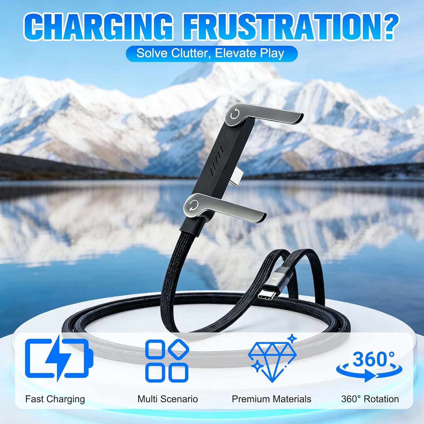 1.5M Sideways Phone Charger, 240W Fast Charging Cable, Invisible Stand Charging Cable