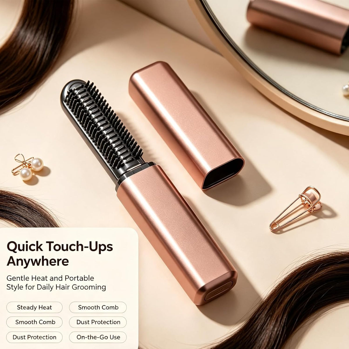 Mini Heated Styling Comb, USB-Powered Bang Curler, Heats up in 15 Seconds