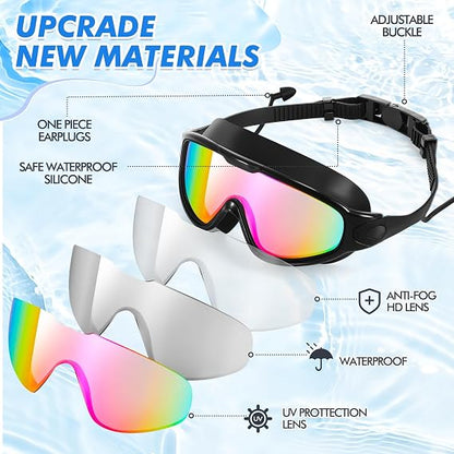 Large Swim Goggles,Wide View,Anti Fog,Swimming with Earplug Nose Clip | UV Protection & No Leak