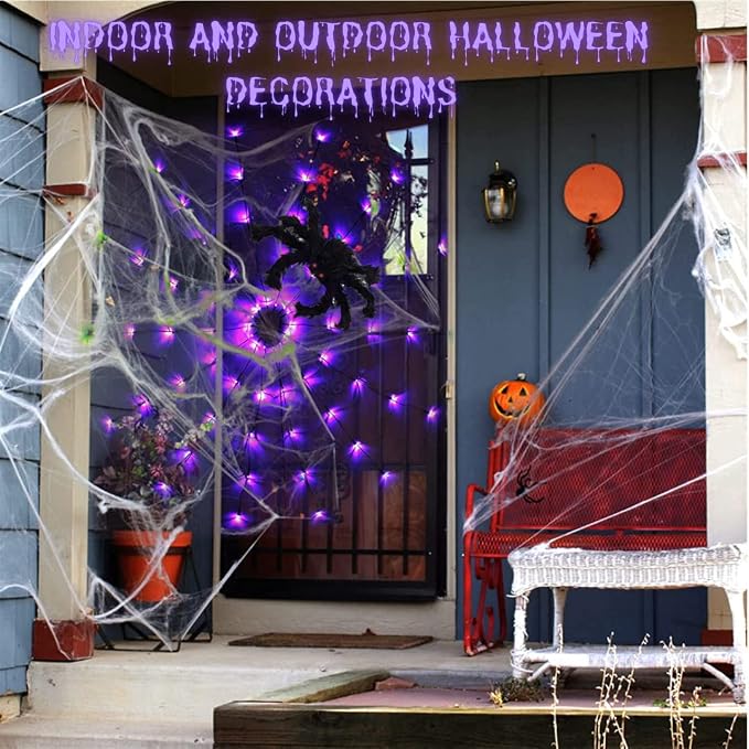 Halloween Decorations Spider Web Lights - 4FT Diameter 70 LEDs with Black Spider, Remote Control