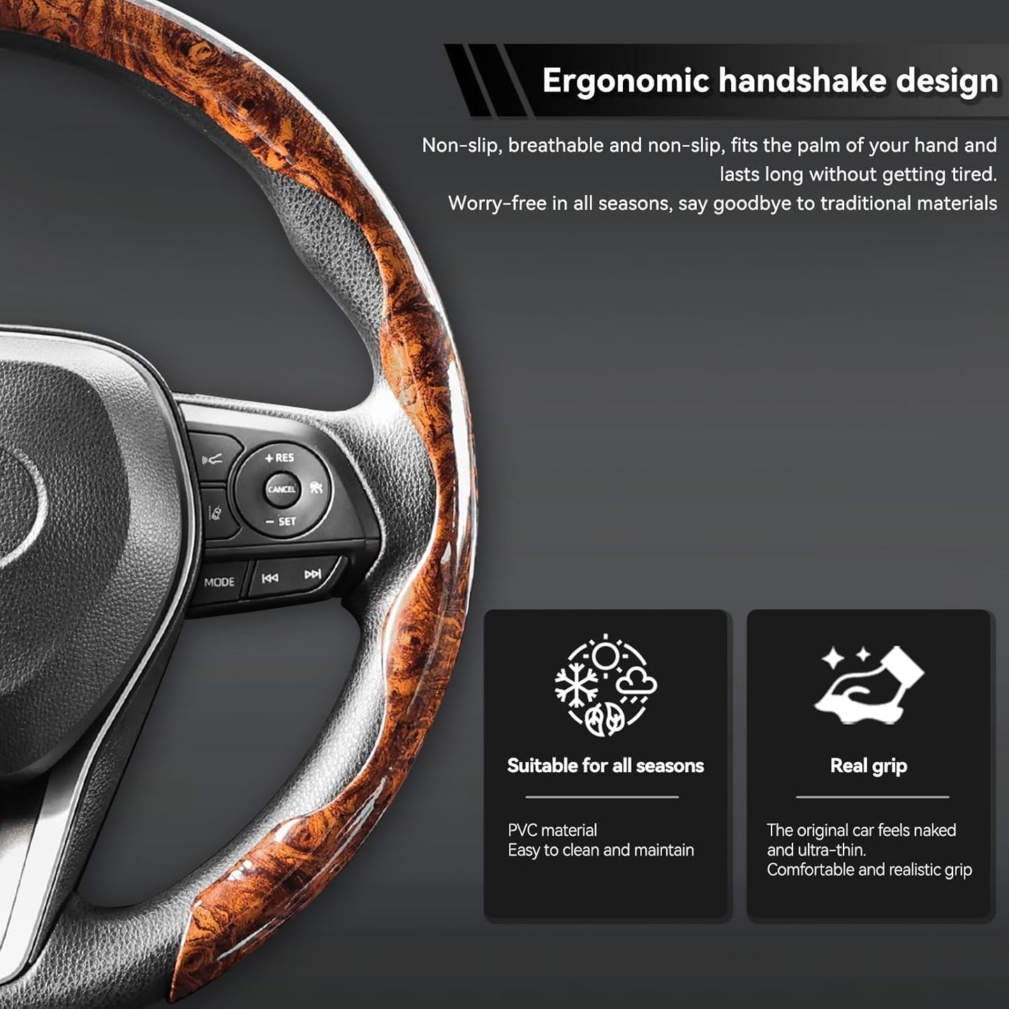 3pcs Universal Car Wood Grain Steering Wheel Cover for D-Shaped and Round Steering Wheel of 37-38cm (14.5-15 inches)