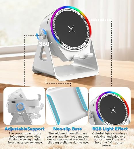 5-in-1 Bluetooth Speaker with Wireless Induction & Phone Holder, 5000mAh Battery, RGB Ambient Light