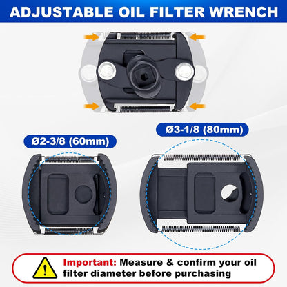 Auto Adjust 2-Jaw Oil Filter Removal Tool, 60-80mm 1/2" Drive Automotive Tool