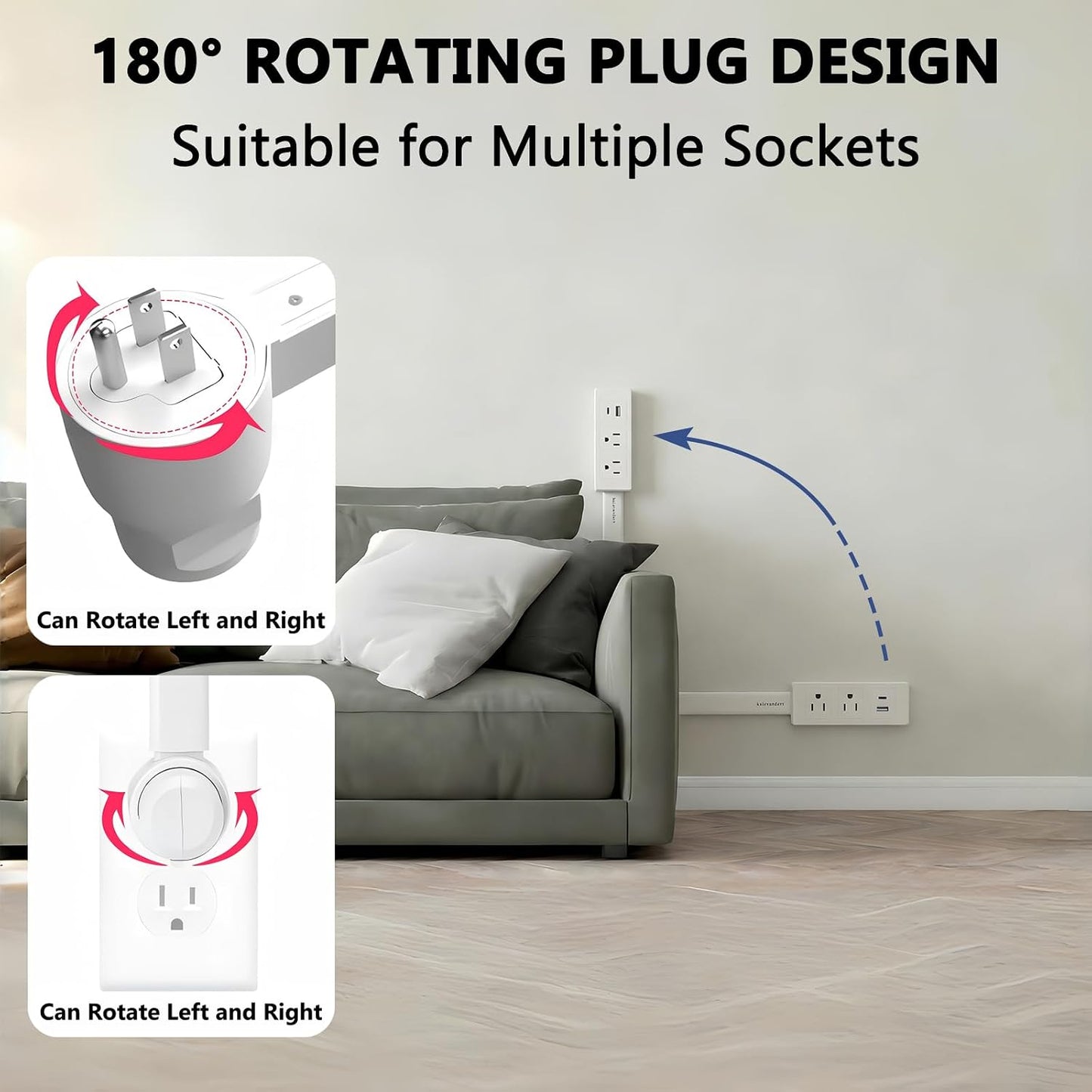 Outlet Extender Stick, Power Strip with 6 Outlets & 2 USB Ports