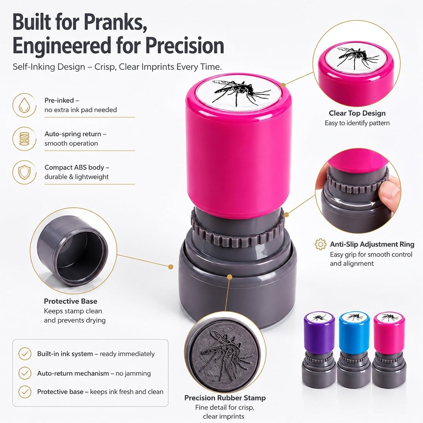 3Pcs Mosquito Stamp Prank Bug Stamps with Pre-Inked Black Ink Paint Mosquito Smack Stamp