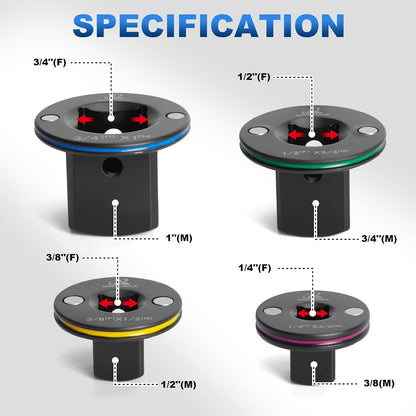 4Pcs Low Profile Impact Socket Adapter Set (3/8" to 1/2", 1/4" to 3/8", 1/2" to 3/4", 3/4" to 1")