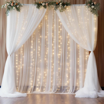 White Tulle Curtain with Lights String Backdrop for Wedding 63x118inch