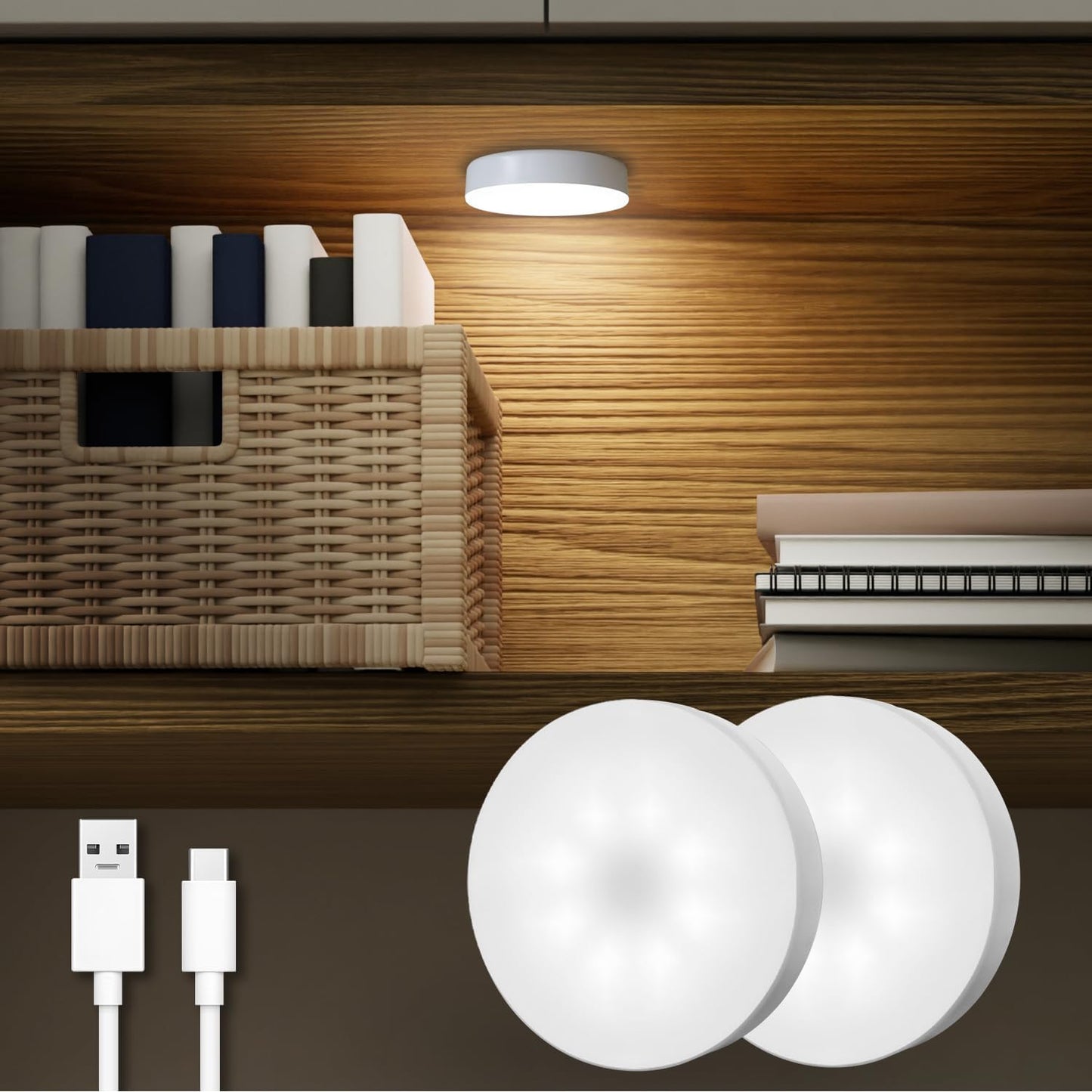2PCS Improved LED Rechargeable Motion Sensor Light Indoor, Bright & Long-Lasting