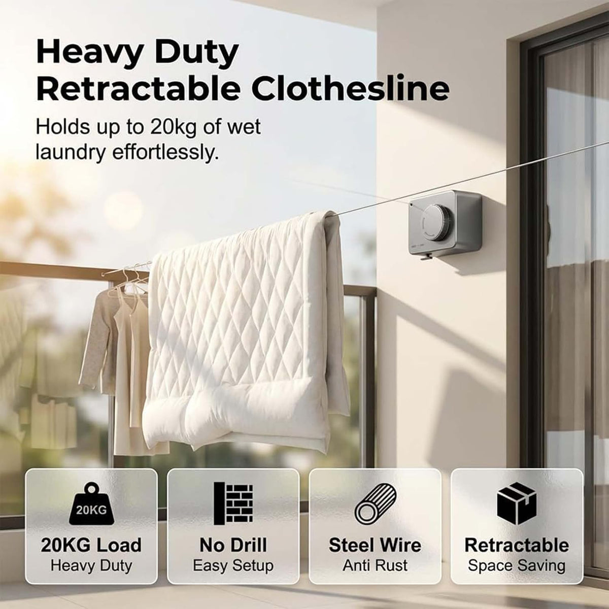 15Ft Retractable Wall Clothesline Hidden Indoor Drying Line