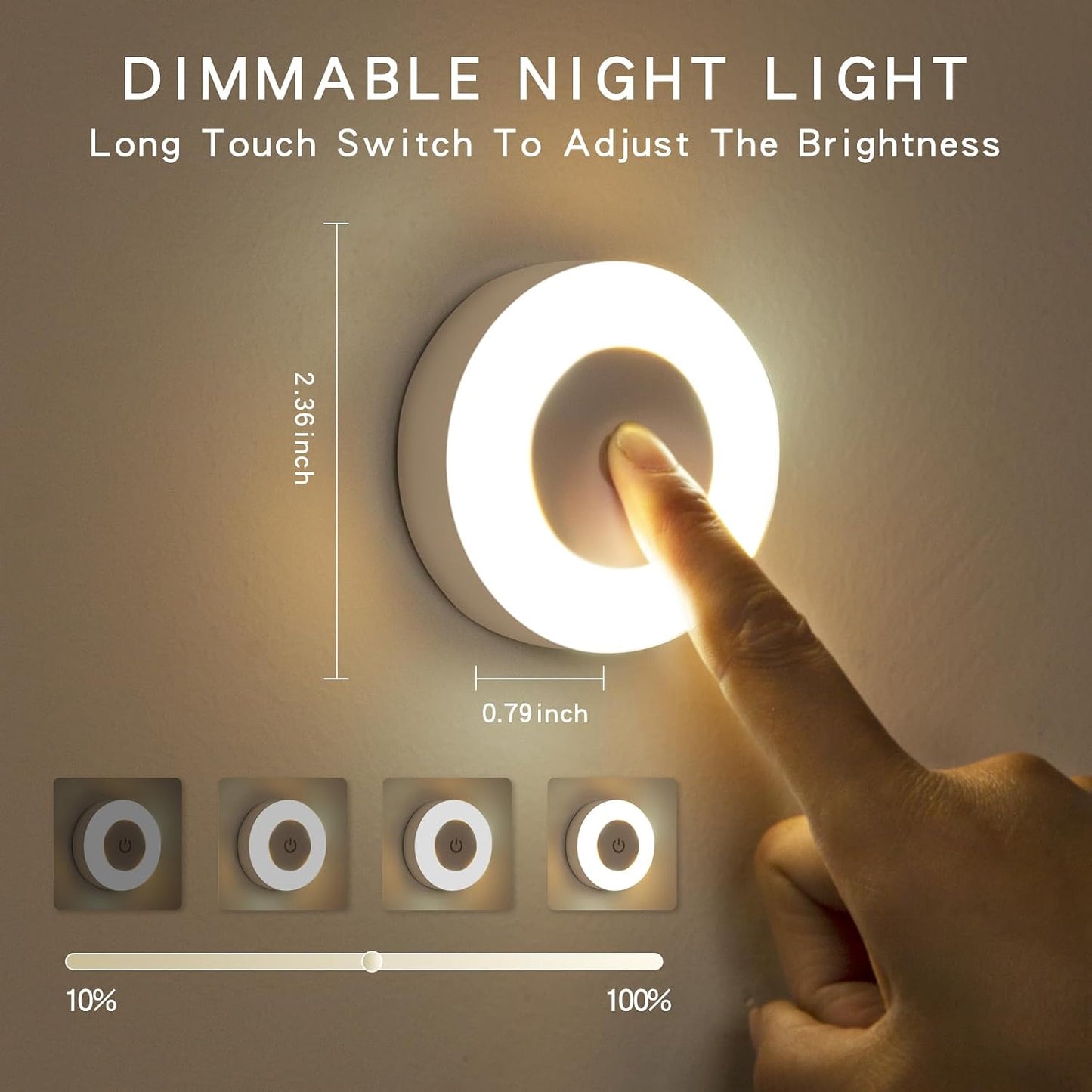 2PCS Night Light Bright LED Lamp, 3 Colors Dimmable Rechargeable Wireless Stick