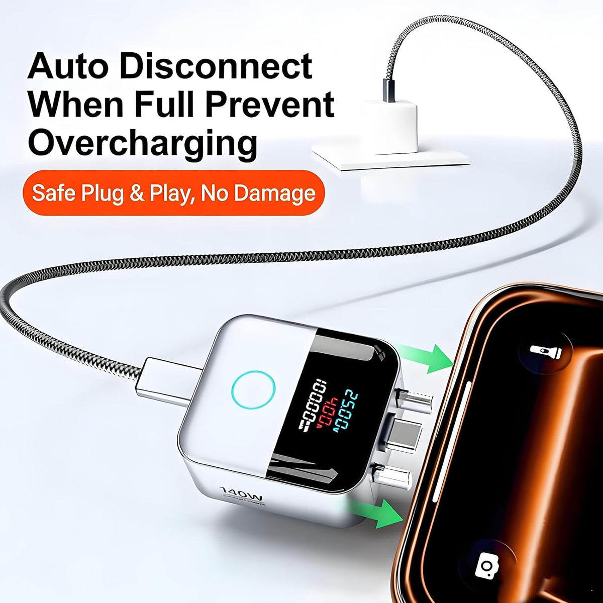 140W Smart Auto Stop Charging Adapter, Type C Fast Charger with LCD Display