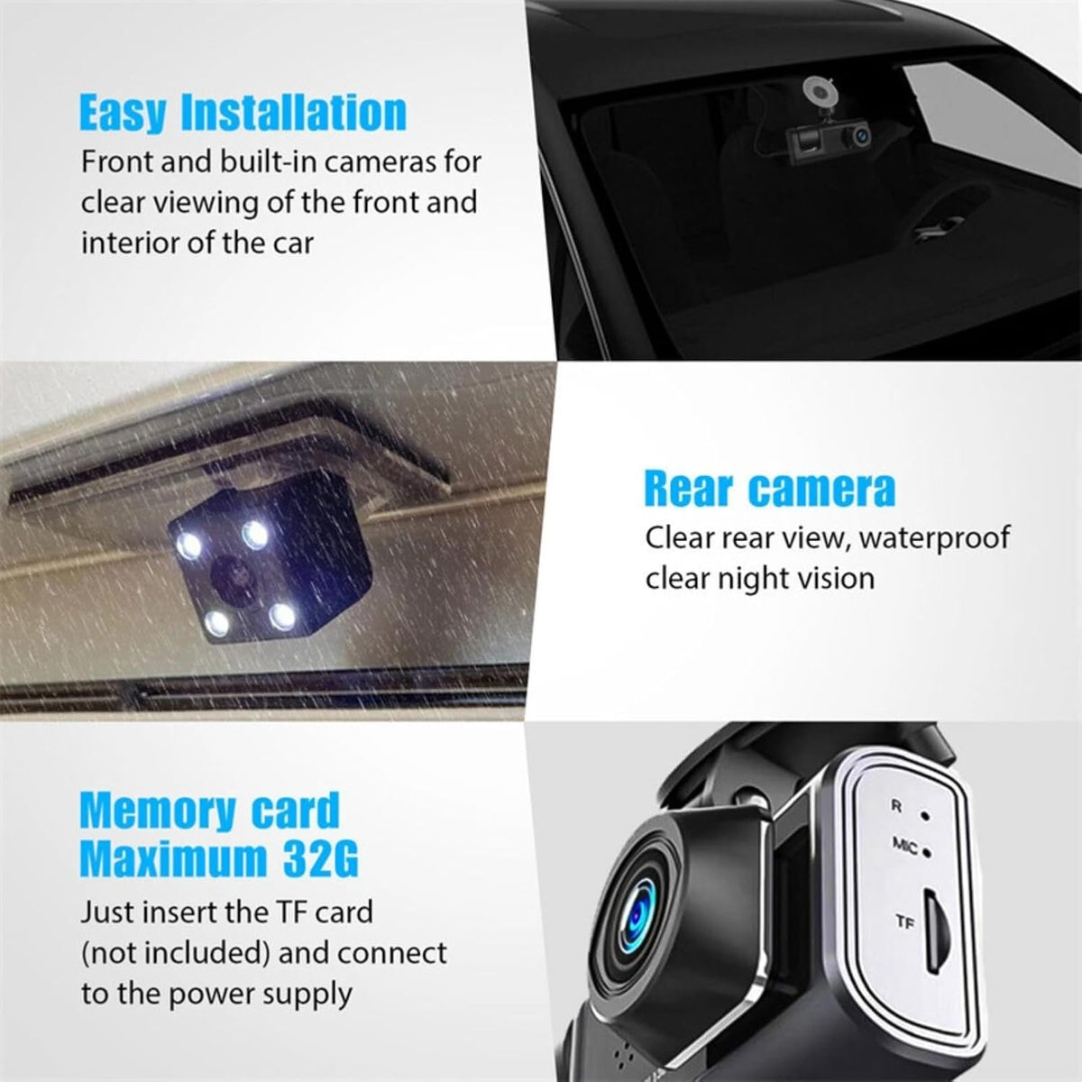 Rechargeable Dual Dash Camera for Cars with Touch Screen, Backup Camera, Charger