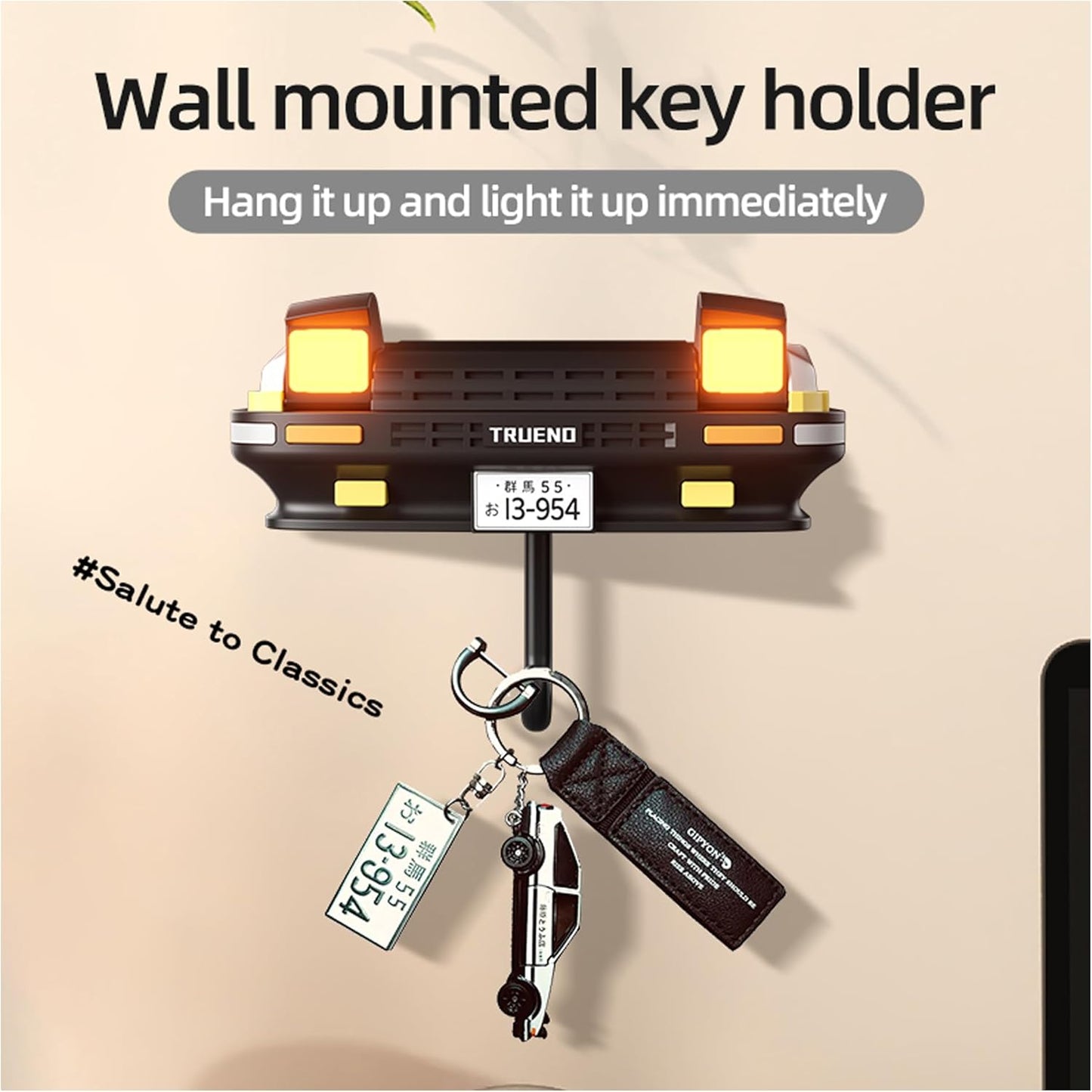 Retro Car Wall Key Holder - LED Pop-Up Headlight, Auto-Off Light, Car Enthusiast Organizer for Home & Garage