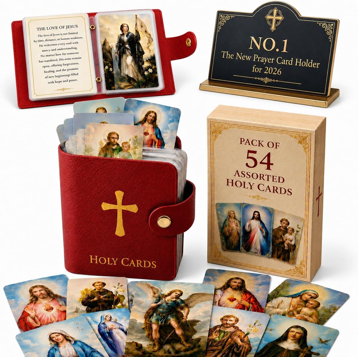 Genuine Leather Holy Card Holder Book with 54 Assorted Catholic Prayer Cards