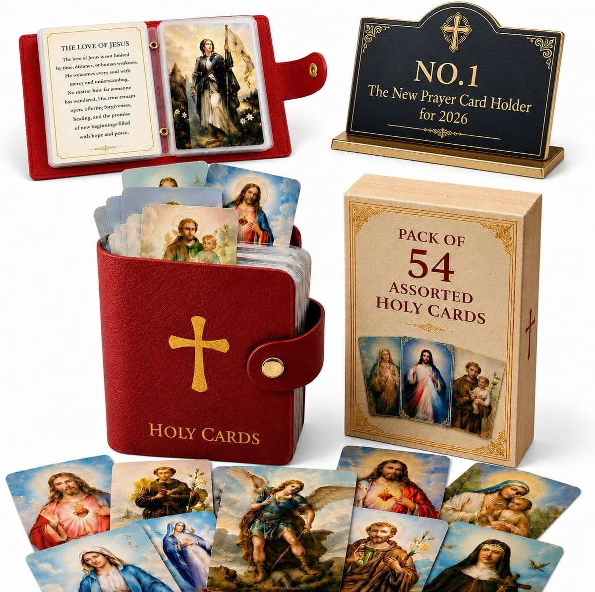 Genuine Leather Holy Card Holder Book with 54 Assorted Catholic Prayer Cards