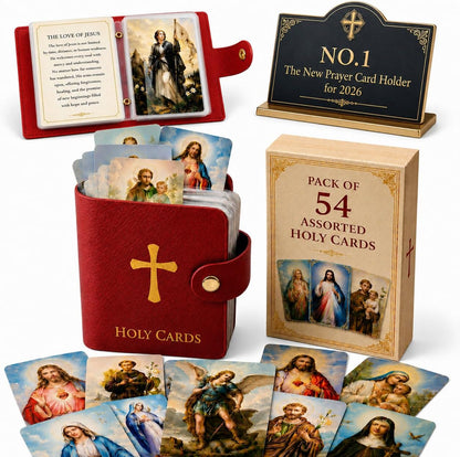 Genuine Leather Holy Card Holder Book with 54 Assorted Catholic Prayer Cards