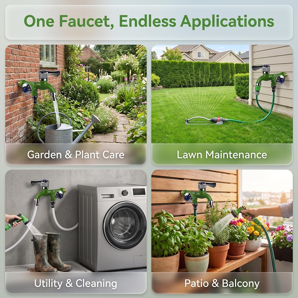 Outdoor Garden Water Faucet,1 Inlet 2 Outlet Valve Faucet Water Hose Outlet Hose Valve