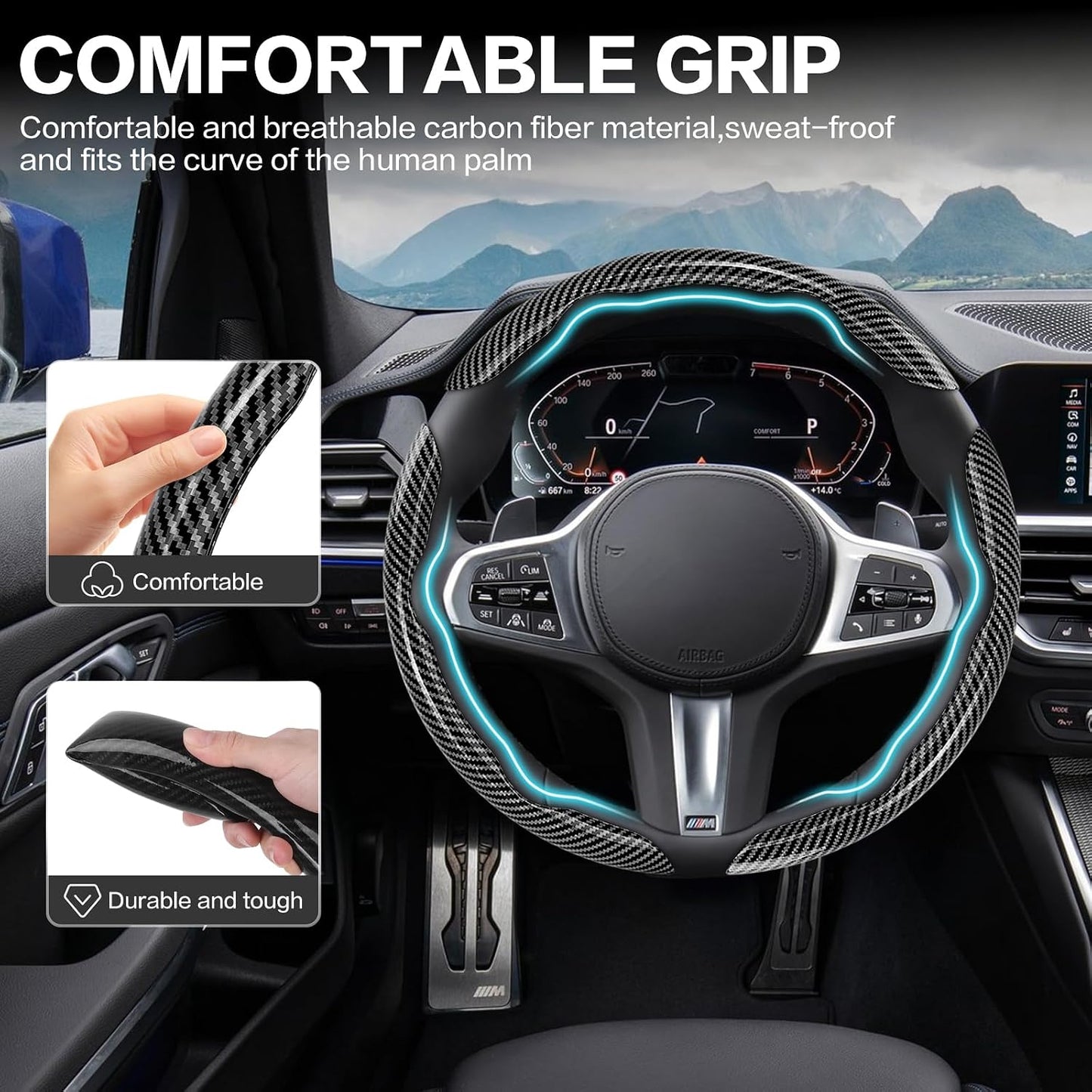 3Pcs Car Non-Slip Steering Wheel Protector, Universal 15 Inch, Carbon Fiber Design