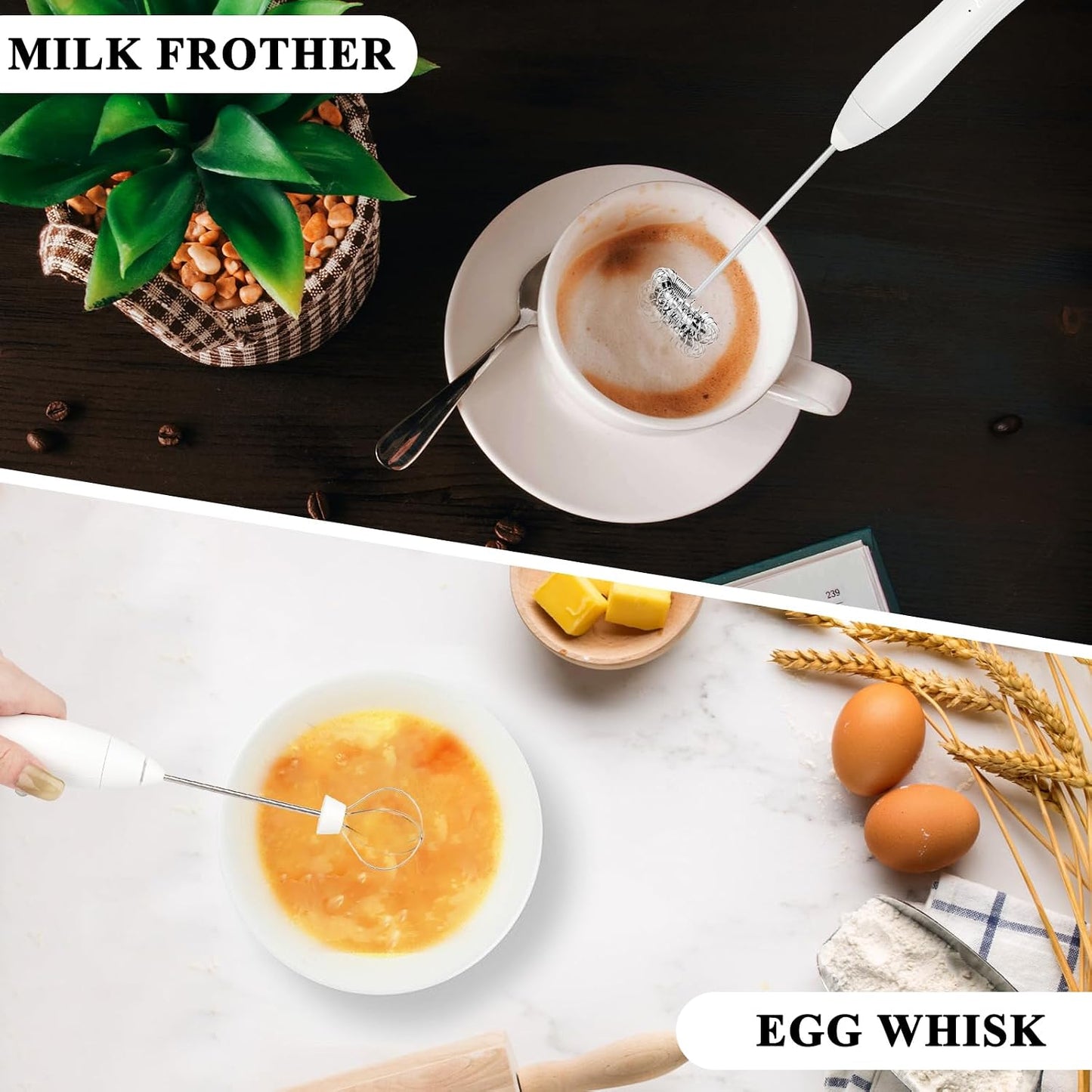 Double Whisk Milk Frother Handheld USB-C Rechargeable Electric Drink Mixer,3 Speeds Adjustable