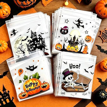 100Pcs Halloween Self-Adhesive Gift Bags - Reusable 4-In-1 Skull